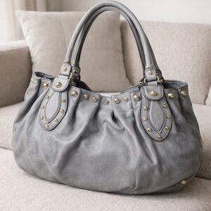 AUTHENTIC GUCCI PELAM GRAY STUDDED LEATHER SHOULDER BAG LARGE SLOUCHY GOLD HW
